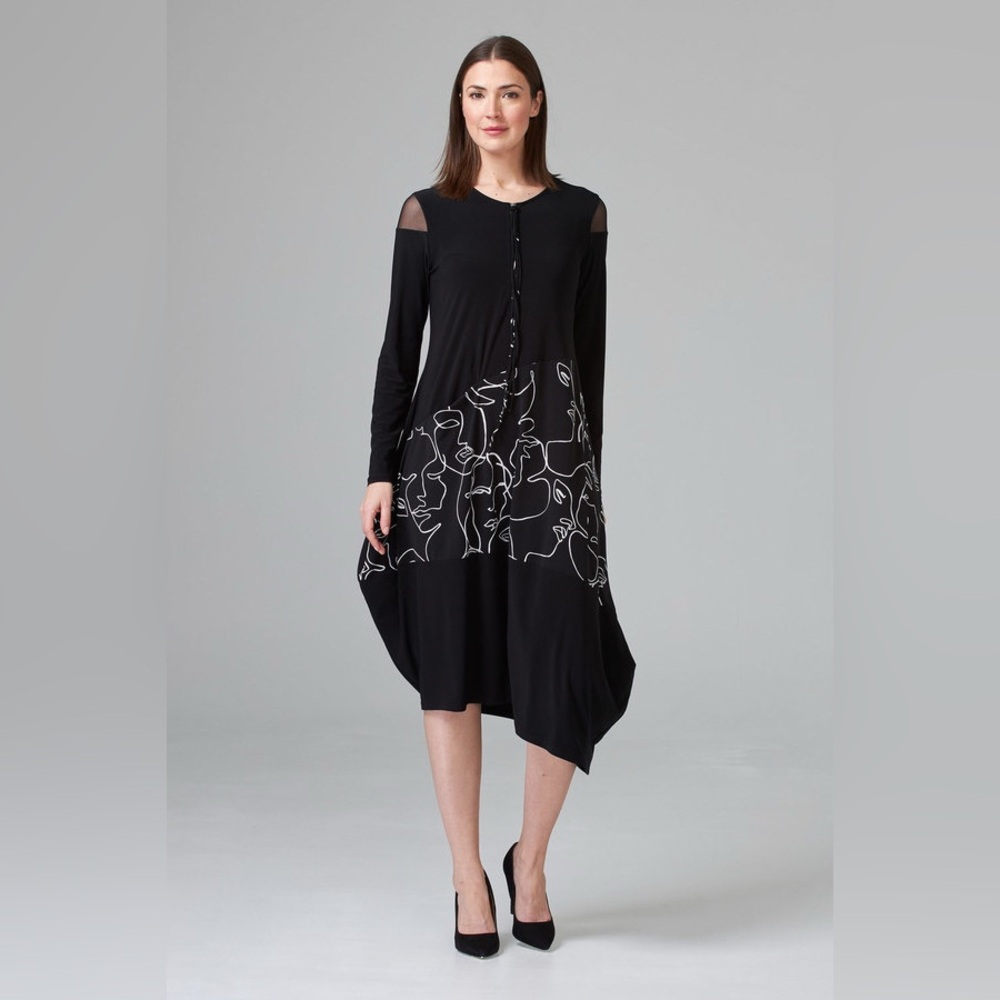 Joseph Ribkoff Black Abstract Face Print Midi Sheer Sleeve Statement Dress